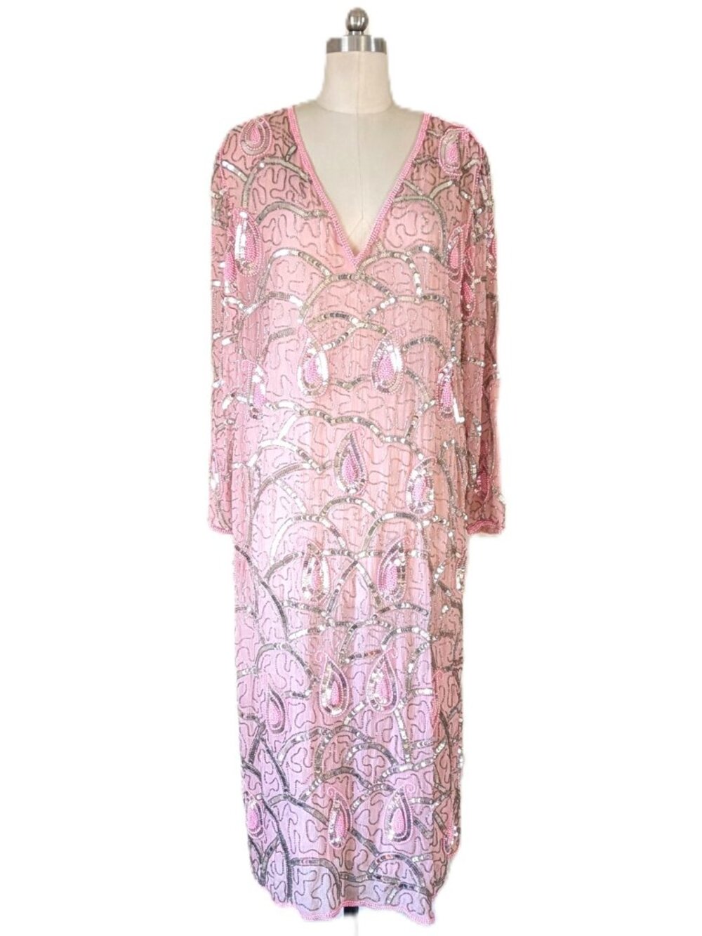 Vintage Pink Silk Sequin Embellished Midi Dress SZ M/L